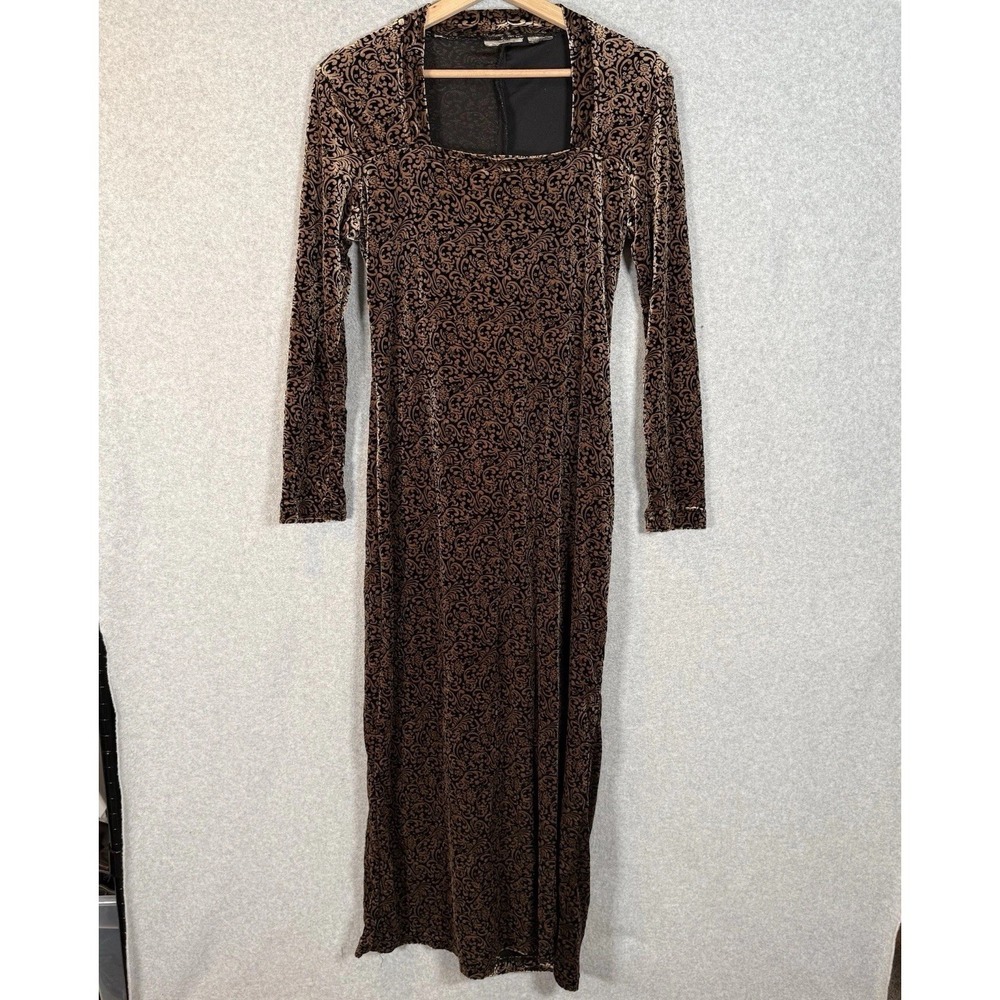 Kathie Lee Maxi Dress Womens XS Brown Black Velour Velvet Maxi Square Neck